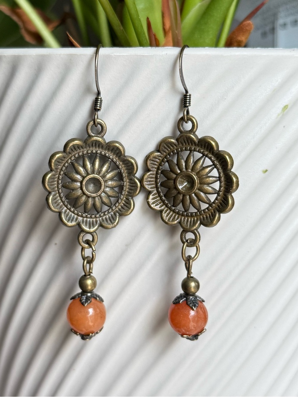 Bohemian Sunflower Drop Earrings with Orange Beads - Picture 5 of 5
